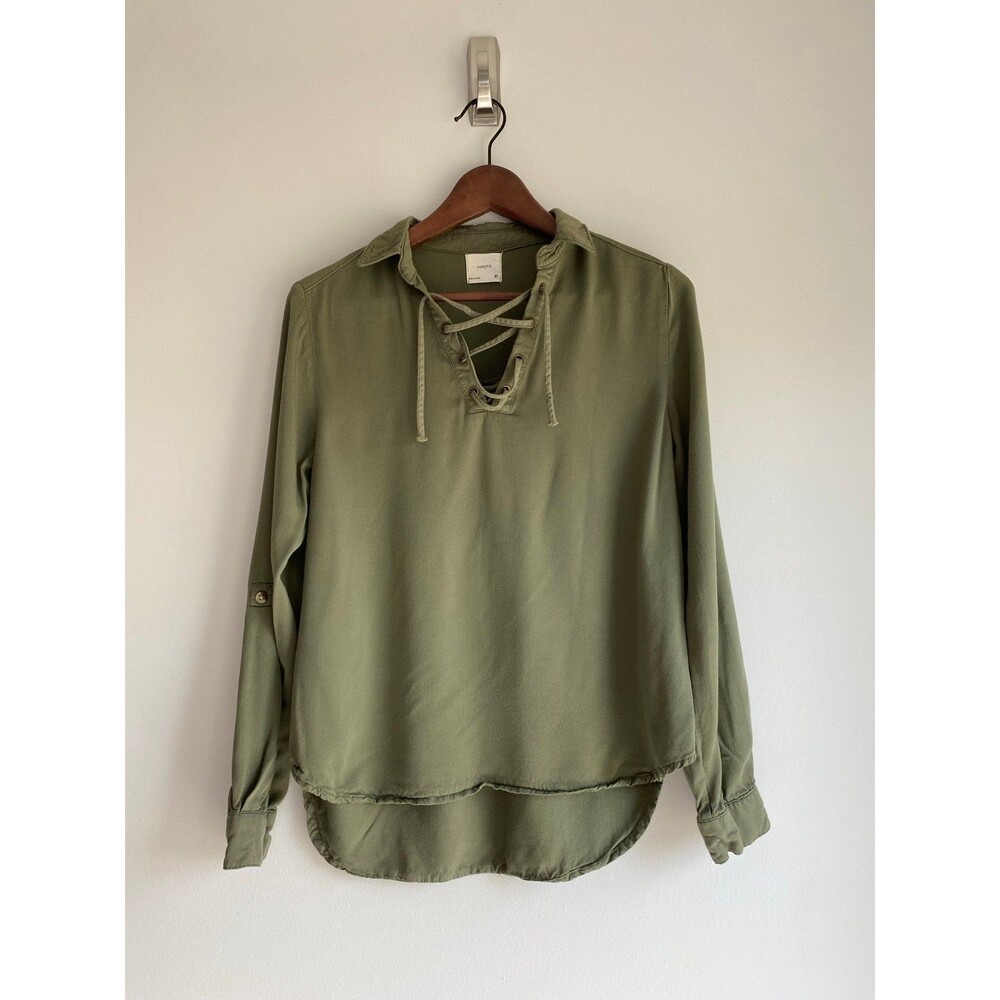 Harper Long Sleeve Lace-Up Blouse - Olive Green - Size XS